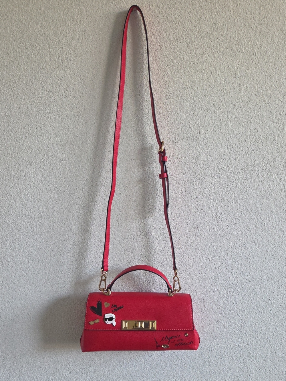 Karl Lagerfeld Admiral Red Crossbody Satchel  Gold Hardware and Graphic Accents - Picture 4 of 16